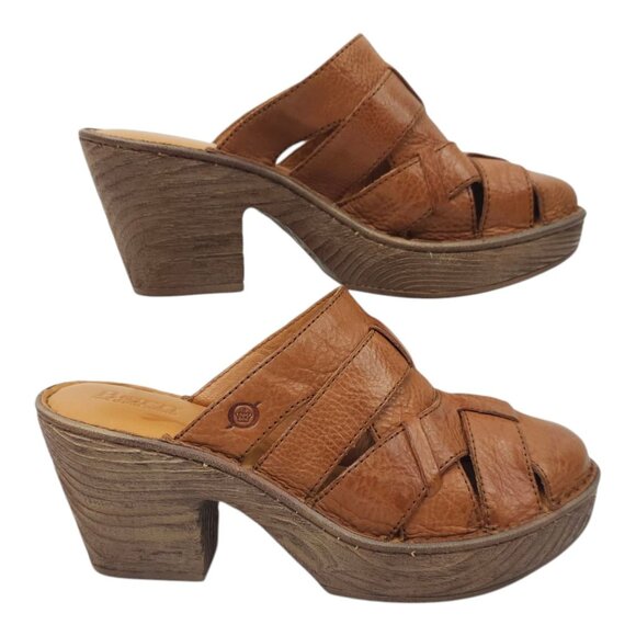 Born Pollina Clog Mule Womens Size 9 M Block Heel Platform Brown Leather Woven - Picture 2 of 16